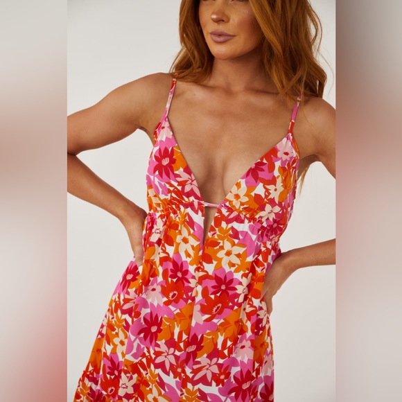 She+Sky Floral Deep V Maxi Dress S Straps Summer Sundress Tangerine & Fuchsia - Picture 2 of 15
